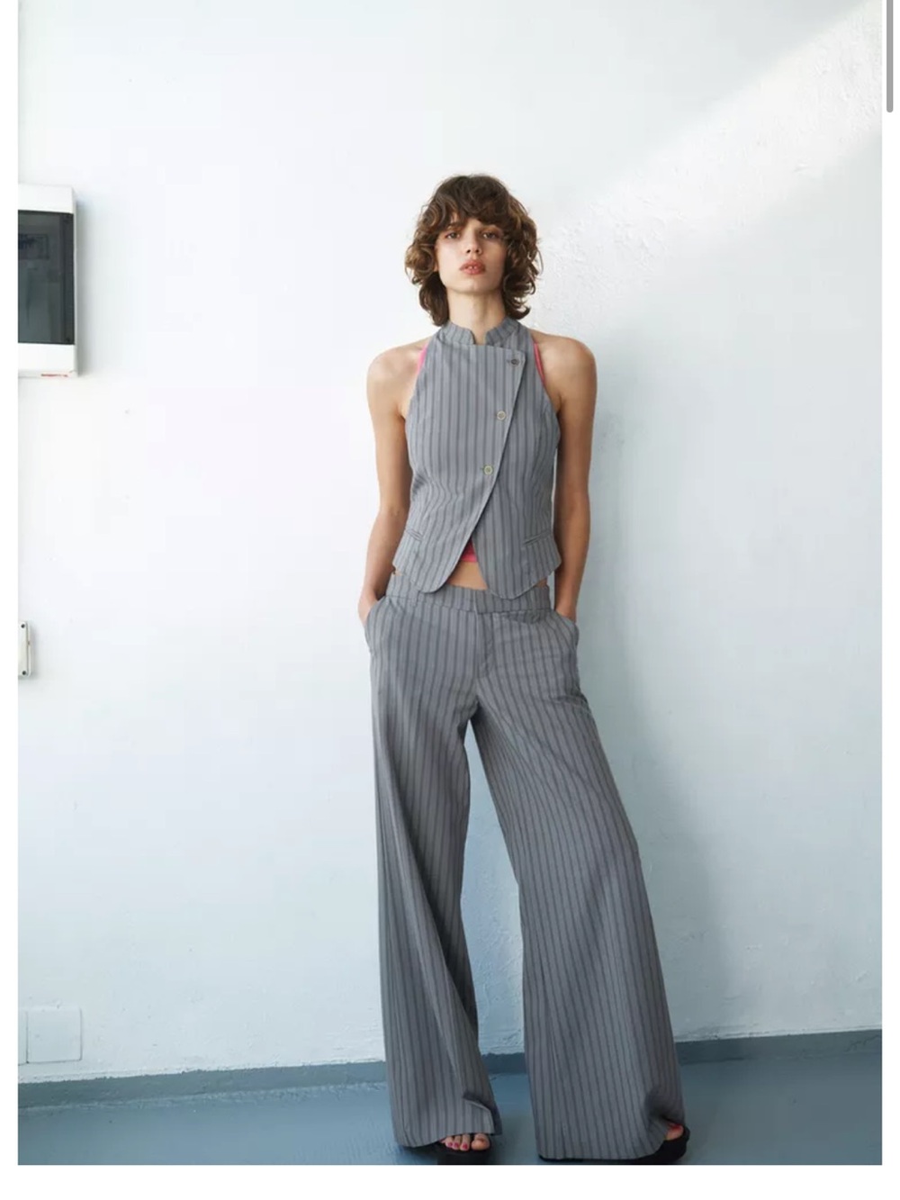 ZARA SET Sleeveless Gray Pinstripe Wide-Leg & TOP